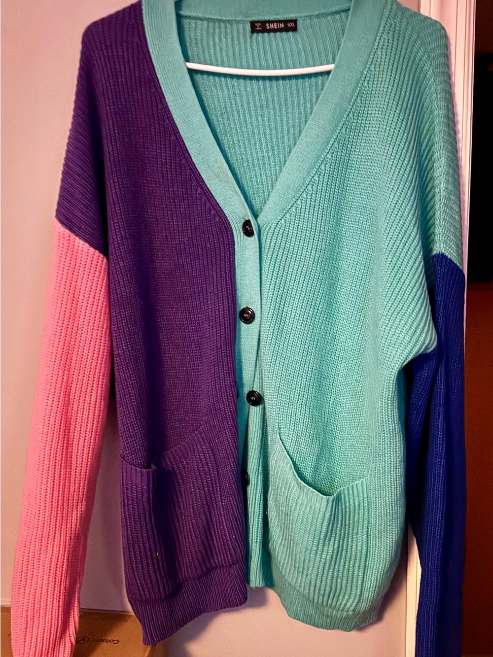 SHEIN Colorblock Button Cardigan in Mint, Purple, Pink & Blue